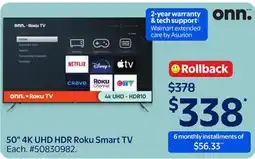 Walmart onn. 50 4K UHD HDR Roku Smart TV offer