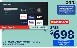 Walmart ONN 75 4K UHD HDR Roku Smart TV offer