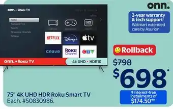 Walmart ONN 75 4K UHD HDR Roku Smart TV offer