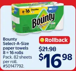 Walmart Bounty Select-A-Size paper towels 8 = 16 rolls offer