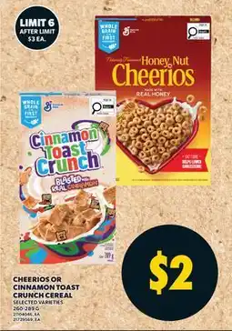 Valu-mart CHEERIOS OR CINNAMON TOAST CRUNCH CEREAL offer