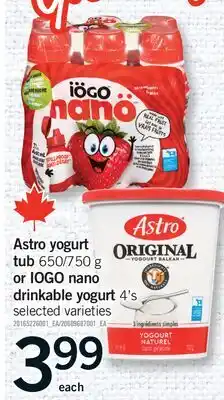 Fortinos ASTRO YOGURT TUB 650/750 G OR IOGO NANO DRINKABLE YOGURT 4'S offer