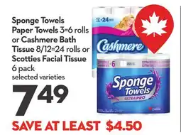 Longo's Sponge Towels Paper Towels 3=6 rolls or Cashmere Bath Tissue 8/12=24 rolls or Scotties Facial Tissue offer