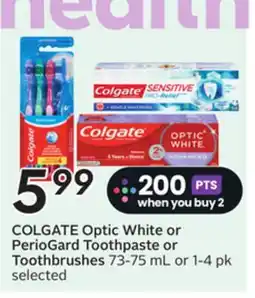 Sobeys COLGATE Optic White or PerioGard Toothpaste or Toothbrushes offer