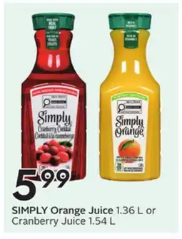 Sobeys SIMPLY Orange Juice 1.36 L or Cranberry Juice 1.54 L offer