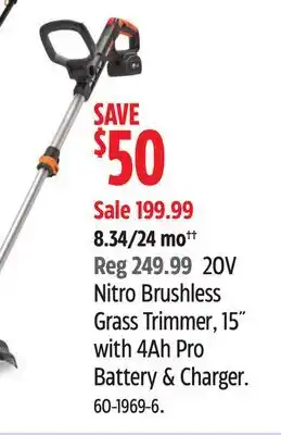 Canadian Tire 20V Nitro Brushless Grass Trimmer, 15 with 4Ah Pro Battery & Charger offer
