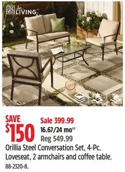 Canadian Tire For Living Orilla Steel Conversation Set, 4-Pc. Loveseat, 2 armchairs and coffee table offer