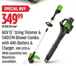 Canadian Tire 60V 13 String Trimmer & 540CFM Blower Combo with 4Ah Battery & Charger offer