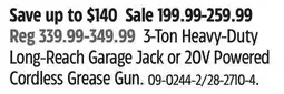 Canadian Tire 3-Ton Heavy-Duty Long-Reach Garage Jack or 20V Powered Cordless Grease Gun offer
