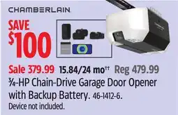 Canadian Tire CHAMBERLAIN ¾-HP Chain-Drive Garage Door Opener with Backup Battery offer