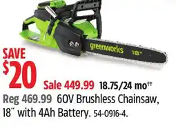 Canadian Tire 60V Brushless Chainsaw, 18 with 4Ah Battery offer