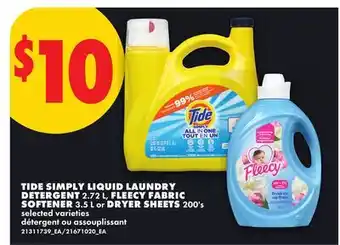 No Frills TIDE SIMPLY LIQUID LAUNDRY DETERGENT 2.72 L, FLEECY FABRIC SOFTENER 3.5 L or DRYER SHEETS 200's offer