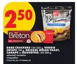 No Frills DARE CRACKERS 135-225 g, VEGGIE CRISPS 100 g, GRISSOL MELBA TOAST, CANAPE or BAGUETTES 120-200 g offer
