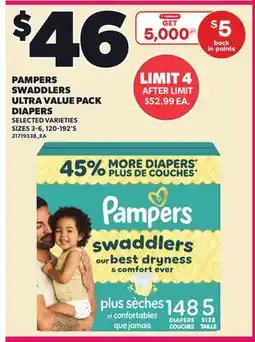 Loblaws PAMPERS SWADDLERS OVERNIGHT VALUE PACK DIAPERS, SIZES 3-6, 120-192'S offer