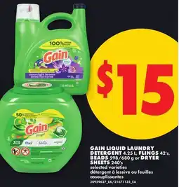 No Frills GAIN LIQUID LAUNDRY DETERGENT 4.25 L, FLINGS 42's, BEADS 598/680 g or DRYER SHEETS 240's offer