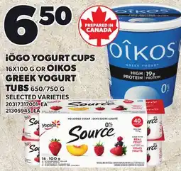 Loblaws iiÖGO YOGURT CUPS 16X100 G OR OIKOS GREEK YOGURT TUBS 650/750 G offer