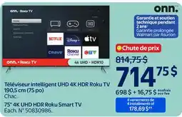 Walmart Onn. 75 4K UHD HDR Roku Smart TV offer
