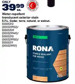 RONA RONA translucent exterior stain 3.7-L. Cedar, terra, natural, or walnut offer