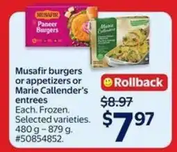 Walmart Musafir burgers or appetizers or Marie Callender's entrees offer