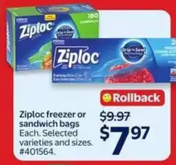 Walmart Ziploc Freezer or Sandwich Bags offer
