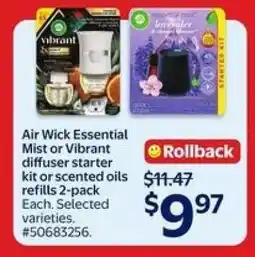 Walmart Air Wick Essential Mist or Vibrant diffuser starter kit or scented oils refills 2-pack offer