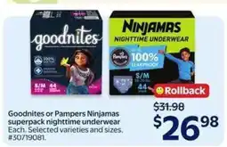 Walmart Goodnites or Pampers Ninjamas Superpack Nighttime Underwear offer
