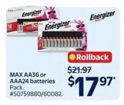 Walmart Energizer MAX AA36 or AAA24 Batteries offer