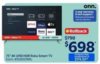 Walmart 75 4K UHD HDR Roku Smart TV offer