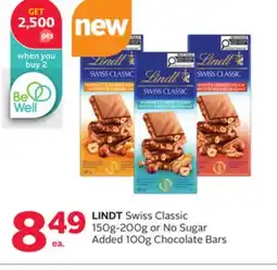 Rexall LINDT Swiss Classic 150-200g or No Sugar Added 100g Chocolate Bars offer