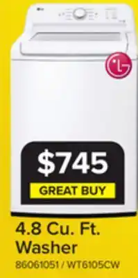 Leon's LG White Top Load Washer with Agitator and SlamProof Glass Lid (4.8 Cu. Ft) -WT6105CW offer