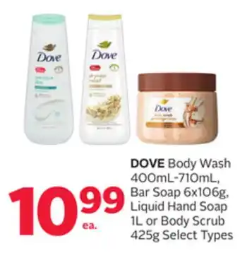 Rexall DOVE Body Wash 400mL-710mL, Bar Soap 6x106g, Liquid Hand Soap 1L or Body Scrub 425g offer