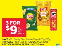 Rexall LAY'S XXL Family Size Potato Chips 220g-235g, PRINGLES 148g-156g or HAVOC 190g-280g offer