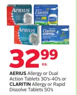 Rexall AERIUS Allergy or Dual Action Tablets 30's-40's or CLARITIN Allergy or Rapid Dissolve Tablets 50's offer