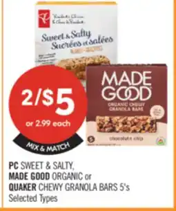 Shoppers Drug Mart PC SWEET & SALTY, MADE GOOD ORGANIC or QUAKER CHEWY GRANOLA BARS 5's offer