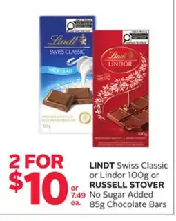 Rexall LINDT Swiss Classic or Lindor 100g or RUSSELL STOVER No Sugar Added 85g Chocolate Bars offer