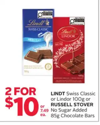 Rexall LINDT Swiss Classic or Lindor 100g or RUSSELL STOVER No Sugar Added 85g Chocolate Bars offer
