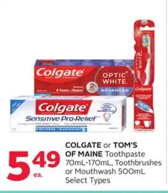 Rexall COLGATE or TOM'S OF MAINE Toothpaste 70mL-170mL, Toothbrushes or Mouthwash 500mL offer