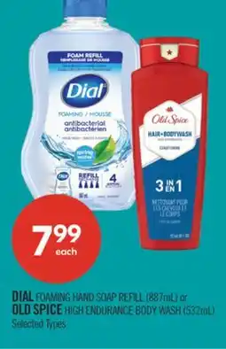 Shoppers Drug Mart DIAL FOAMING HAND SOAP REFILL (887mL) or OLD SPICE HIGH ENDURANCE BODY WASH (532mL) offer