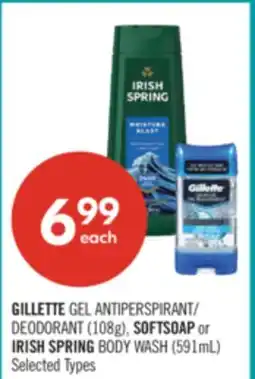 Shoppers Drug Mart GILLETTE GEL ANTIPERSPIRANT/ DEODORANT (108g), SOFTSOAP or IRISH SPRING BODY WASH (591mL) offer