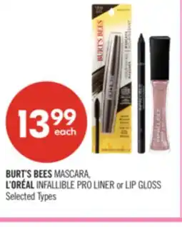Shoppers Drug Mart BURT'S BEES MASCARA, L'ORÉAL INFALLIBLE PRO LINER or LIP GLOSS offer