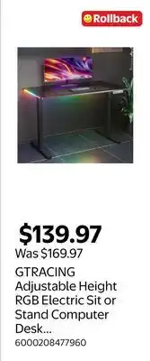 Walmart GTRACING Adjustable Height RGB Electric Sit or Stand Computer Desk with LED Lights offer