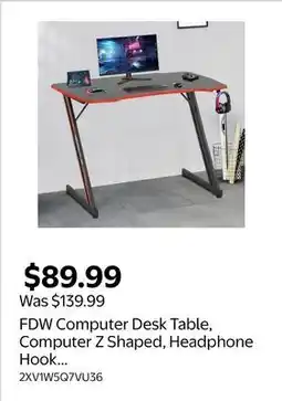 Walmart FDW Computer Desk Table, Computer Z Shaped, Headphone Hook Ergonomic Gamer Workstation offer