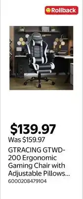 Walmart GTRACING GTWD-200 Ergonomic Gaming Chair with Adjustable Pillows and Footrest offer