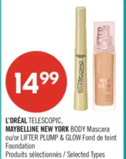 Pharmaprix L'ORÉAL TELESCOPIC, MAYBELLINE NEW YORK BODY Mascara or LIFTER PLUMP & GLOW Foundation offer