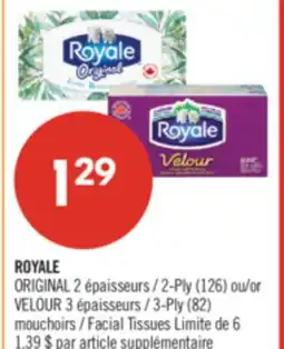 Pharmaprix ROYALE ORIGINAL 2-Ply (126) or VELOUR 3-Ply (82) Facial Tissues offer