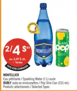 Pharmaprix MONTELLIER Sparkling Water (1 L) or BUBLY Pop Slim Can (355 mL) offer