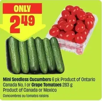 FreshCo Mini seedless cucumbers or grape tomatoes offer