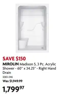 Home Hardware Madison 5, 3 Pc. Acrylic Shower - 60 x 34.25 - Right Hand Drain offer