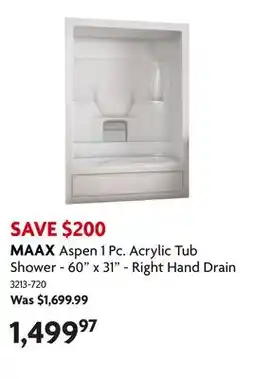 Home Hardware Aspen 1 Pc. Acrylic Tub Shower - 60 x 31 - Right Hand Drain offer
