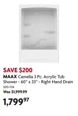 Home Hardware Camelia 3 Pc. Acrylic Tub Shower - 60 x 33 - Right Hand Drain offer